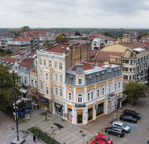 High angle view of buildings against sky