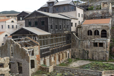 High angle view of old buildings in town