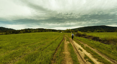 Rear view of man on field against sky