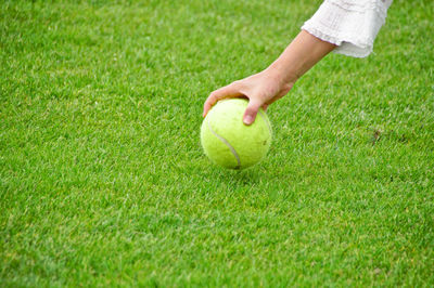 Cropped hand of woman holding tennis ball on field