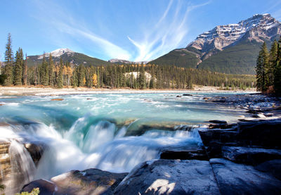 Scenic view of waterfall against sky