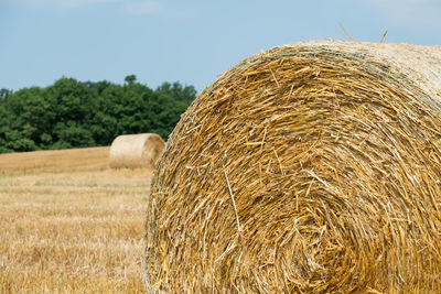 Hay bale on agricultural field against clear sky