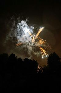 Low angle view of fireworks against sky at night