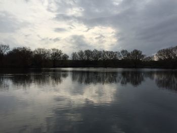 Scenic view of lake against cloudy sky