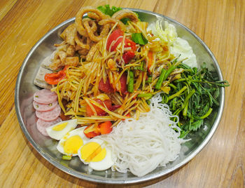 High angle view of meal served in plate on table