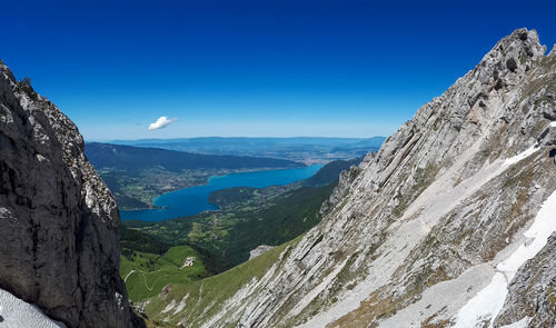 Panoramic view of mountains against clear blue sky