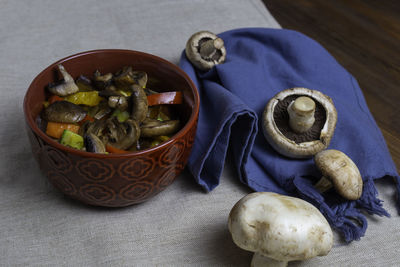 High angle view of mushrooms in bowl on table
