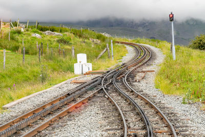 Railroad tracks leading towards mountain