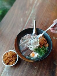 High angle view of food in bowl on table