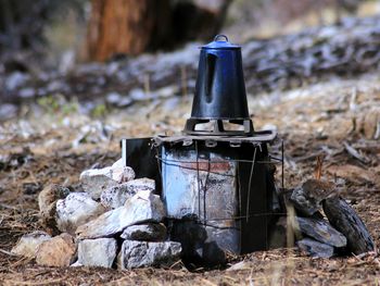 Close-up of old fire hydrant on field