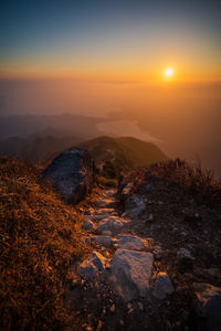 High angle view of townscape against sky during sunset