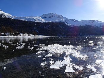 Frozen lake by snowcapped mountains against sky