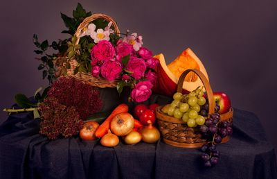 Close-up of fruits in basket on table