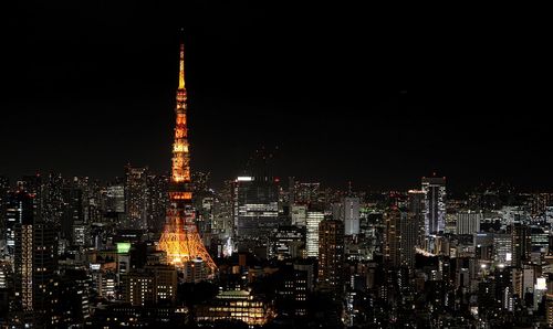 Illuminated buildings in city at night