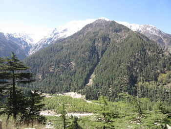 Scenic view of mountains and trees against sky