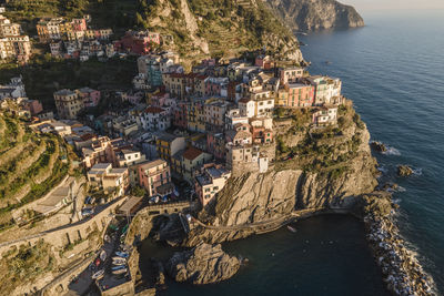 Aerial view of manarola, a beautiful travel destination along the coast of cinque terre, liguria