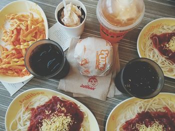 High angle view of food served on table