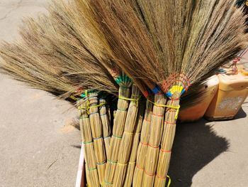 High angle view of multi colored umbrellas on wood