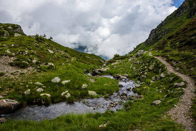 Scenic view of waterfall against sky