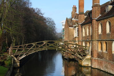 Bridge over river by buildings against sky