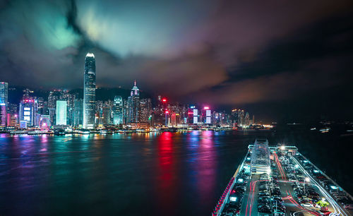 Illuminated buildings in city at night