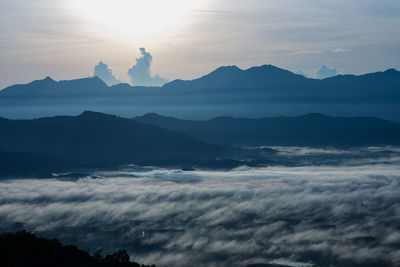 Scenic view of silhouette mountains against sky at sunset