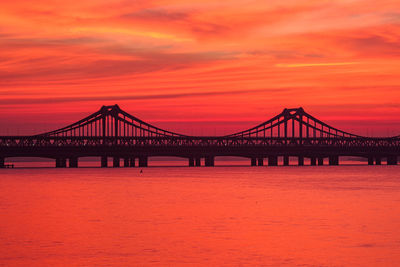 Silhouette bridge over sea against sky during sunset