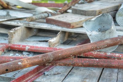 High angle view of rusty pipes at construction site