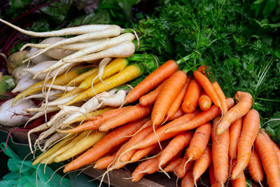 High angle view of vegetables for sale in market