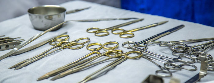 Close-up of medical equipment on table