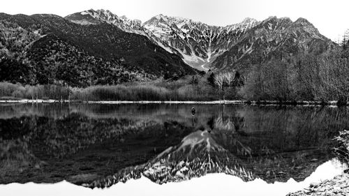 Scenic view of lake and mountains against sky