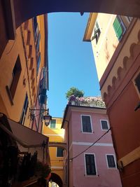 Low angle view of houses against clear sky