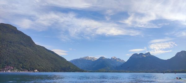 Scenic view of lake and mountains against sky