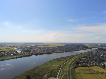 High angle view of river amidst city against sky