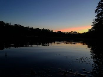 Scenic view of lake against clear sky during sunset