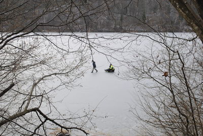 High angle view of people on frozen lake by bare trees