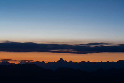 Scenic view of mountains against clear sky during sunset