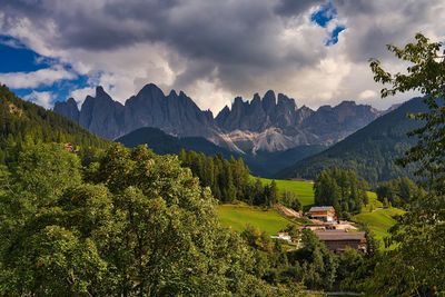 Scenic view of trees and mountains against sky