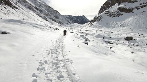 Person walking on snow covered mountain