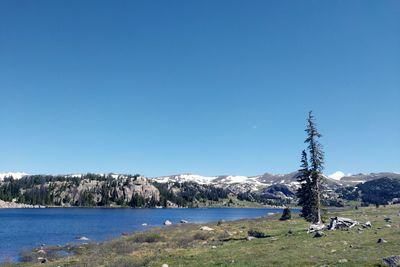 Scenic view of mountains against clear blue sky