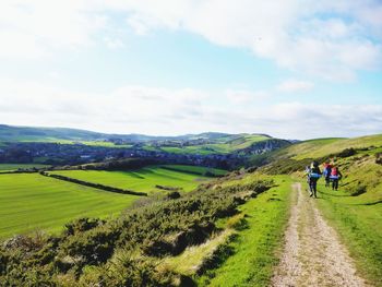 Rear view of people walking on road against sky