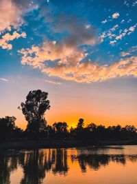 Silhouette trees by lake against sky during sunset