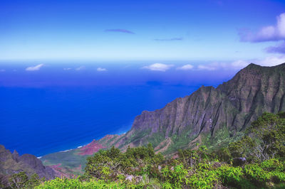 Scenic view of sea and mountains against sky