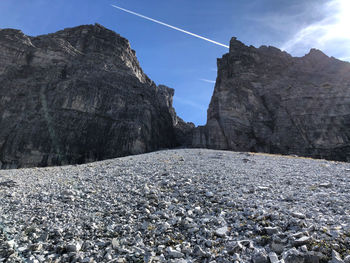 Surface level of rocks on land against sky