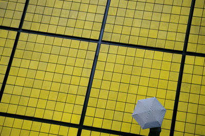 Person with umbrella against yellow wall