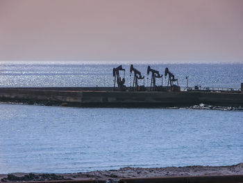 Silhouette people on beach against clear sky during sunset