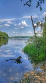 Scenic view of lake against cloudy sky