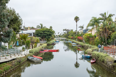 Boats moored in the river by trees against the sky, in the 'city of angels'.