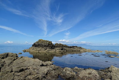 Rocks on beach against blue sky