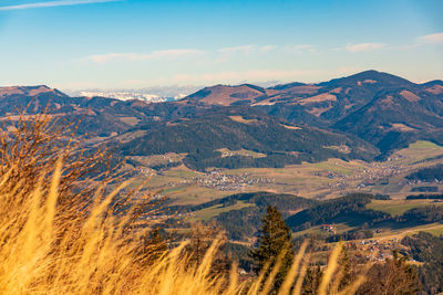 Aerial view of landscape and mountains against sky